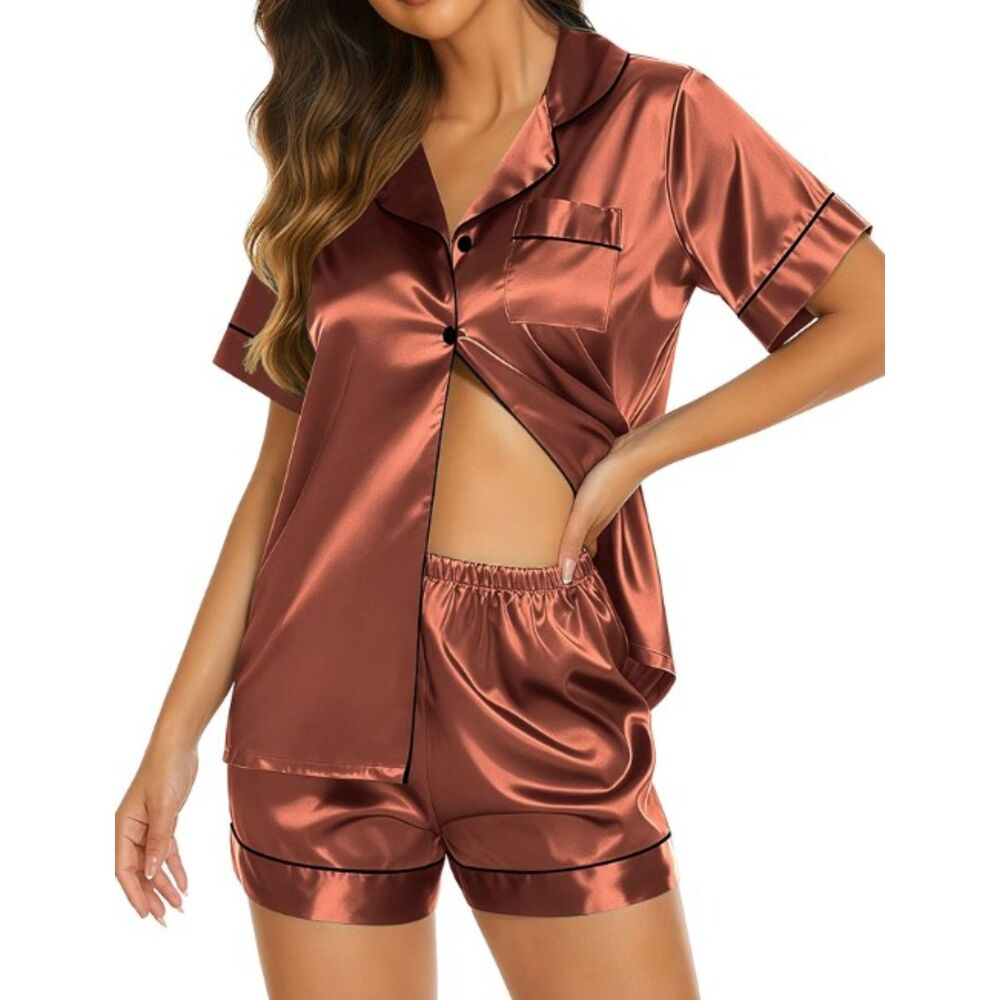 Women’s Silk Satin Pajamas Set Button Down Short Sleeve XL NWT